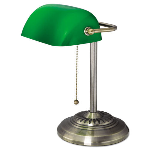 Alera Traditional Banker's Lamp, Green Glass Shade, 10.5"w x 11"d x 13"h, Antique Brass