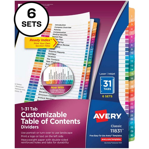 Avery&reg; Ready Index 31 Tab Dividers, Customizable TOC, 6 Sets - 11831