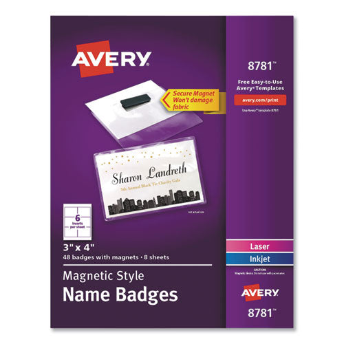 Avery Magnetic Style Name Badge Kit, Horizontal, 4" x 3", White, 48/Pack