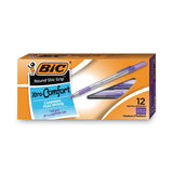 BIC Round Stic Grip Xtra Comfort Ballpoint Pen, Easy-Glide, Stick, Medium 1.2 mm, Purple Ink, Gray/Purple Barrel, Dozen