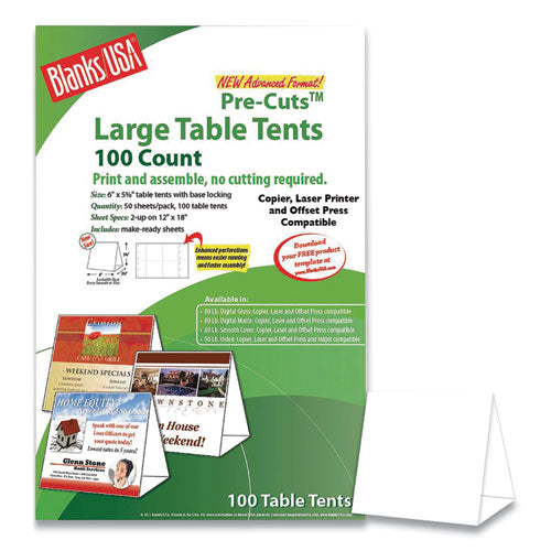 Blanks/USA Table Tent, 80 lb, 12 x 18, White, 2 Tents/Sheet, 50 Sheets/Pack