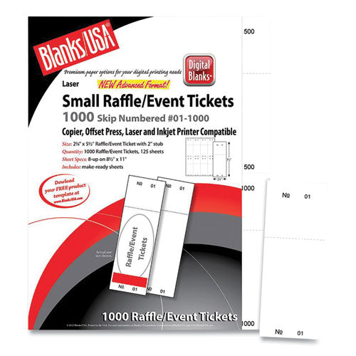 Blanks/USA Small Micro-Perforated Event/Raffle Ticket, 90 lb, 8.5 x 11, White, 8 Tickets/Sheet, 125 Sheets/Pack