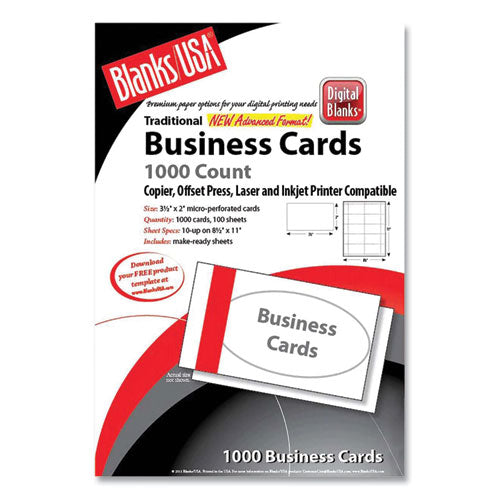 Blanks/USA Printable Microperf Business Cards, Copier/Inkjet/Laser/Offset, 2 x 3.5, White, Bristol, 1,000 Cards, 10/Sheet, 100 Sheets/PK