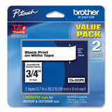 Brother P-Touch TZe Standard Adhesive Laminated Labeling Tape, 0.7" x 26.2 ft, Black on White, 2/Pack