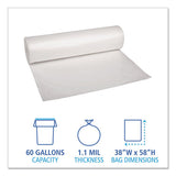 Boardwalk Low Density Repro Can Liners, 60 gal, 1.1 mil, 38" x 58", Clear, 10 Bags/Roll, 10 Rolls/Carton