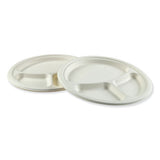 Boardwalk Bagasse Dinnerware, 3-Compartment Plate, 10" dia, White, 500/Carton