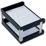 Dacasso Classic Black Leather Double Side-Load Letter Trays with Silver Posts - A1073