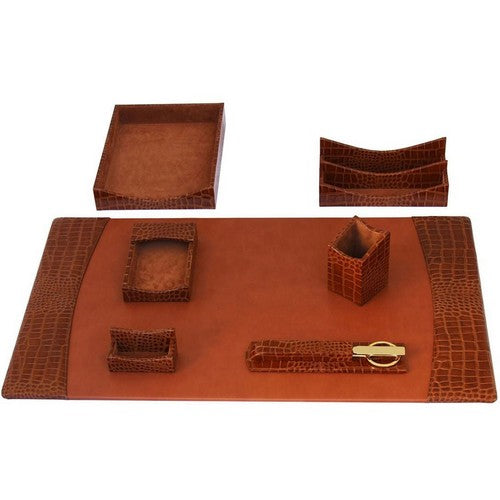 Protacini Cognac Brown Italian Patent Leather 7-Piece Desk Set - D6104