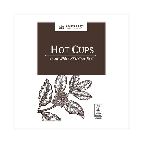 Emerald Compostable Paper Hot Cups, 16 oz, White/Brown, 50/Pack, 10 Packs/Carton