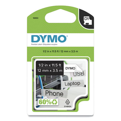 DYMO D1 Flexible Nylon Label Maker Tape, 0.5" x 11.5 ft, Black on White