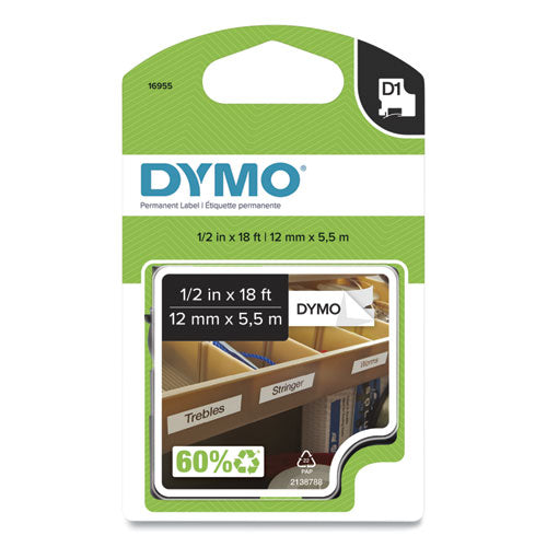 DYMO D1 High-Performance Polyester Permanent Label Tape, 0.5" x 18 ft, Black on White