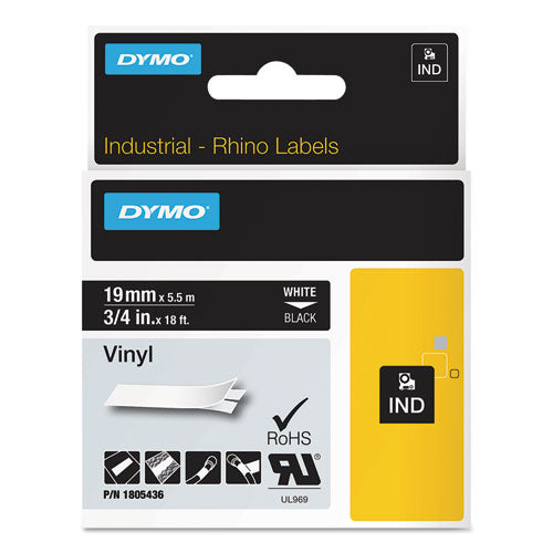 DYMO Rhino Permanent Vinyl Industrial Label Tape, 0.75" x 18 ft, Black/White Print