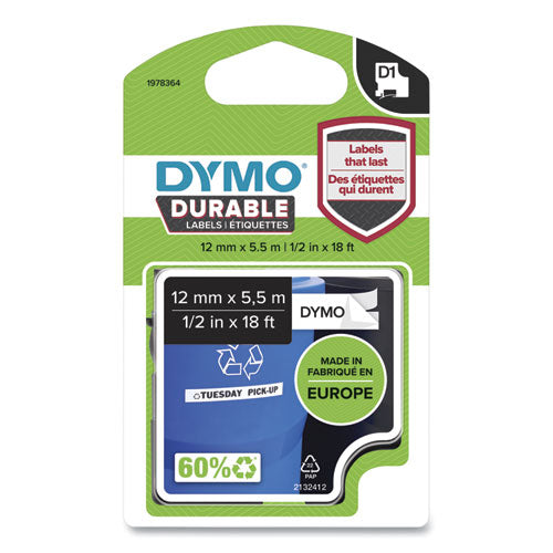 DYMO D1 Durable Labels, 0.5" x 18 ft, Black on White