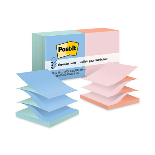 Post-it Dispenser Notes Original Pop-up Refill, Beachside Cafe Collection Alternating-Color Value Pack, 3" x 3", 100 Sheets/Pad, 12 Pads/Pack
