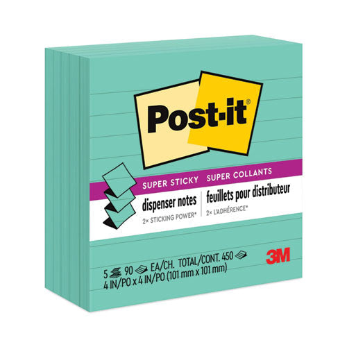 Post-it Pop-up Notes Super Sticky Pop-up Notes Refill, Note Ruled, 4" x 4", Aqua Wave, 90 Sheets/Pad, 5 Pads/Pack
