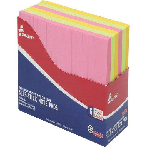SKILCRAFT Lined Neon Self-stick Note Pads - 4181212