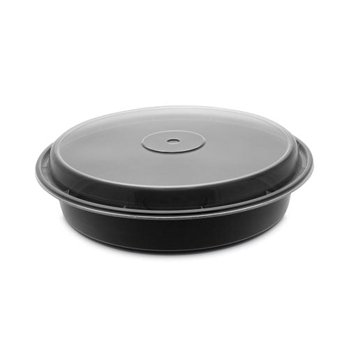 Pactiv Evergreen Newspring VERSAtainer Microwavable Containers, Vented Lid, 48 oz, 9" Diameter, Black/Clear, 150/Carton