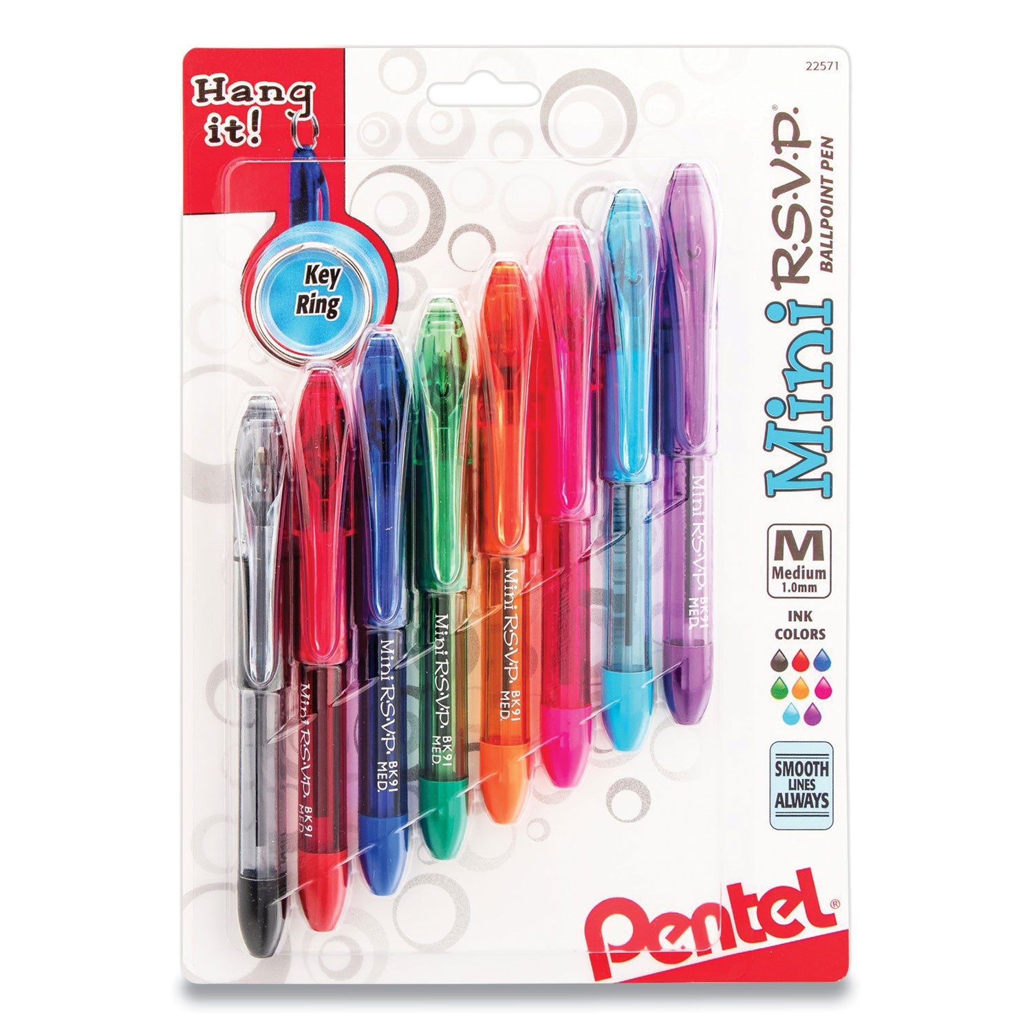 Pentel Mini R.S.V.P. Ballpoint Pen, Stick, Medium 1 mm, Assorted Ink and Barrel Colors, 8/Pack