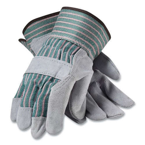PIP Bronze Series Leather/Fabric Work Gloves, Large (Size 9), Gray/Green, 12 Pairs