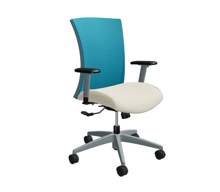 Global Vion – Sleek Pool Blue Dimension Mesh High Back Tilter Task Chair in Vinyl for the Modern Office, Home and Business.