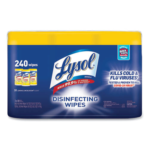 LYSOL Brand Disinfecting Wipes, 7 x 7.25, Lemon and Lime Blossom, 80 Wipes/Canister, 3 Canisters/Pack, 2 Packs/Carton