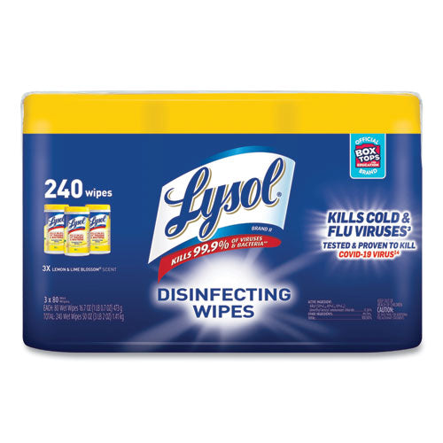 LYSOL Brand Disinfecting Wipes, 7 x 7.25, Lemon and Lime Blossom, 80 Wipes/Canister, 3 Canisters/Pack