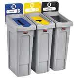 Rubbermaid Commercial Slim Jim Recycling Station Kit, 69 gal, 3-Stream Landfill/Paper/Bottles/Cans