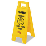 Rubbermaid Commercial Multilingual "Closed" Sign, 2-Sided, 11 x 12 x 25, Yellow