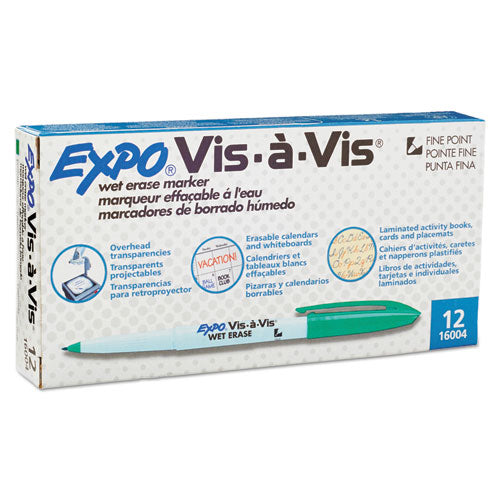 EXPO Vis-a-Vis Wet Erase Marker, Fine Bullet Tip, Green, Dozen