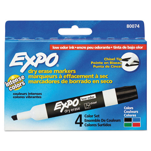 EXPO Low-Odor Dry-Erase Marker, Broad Chisel Tip, Assorted Standard Colors, 4/Set