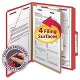 Smead Four-Section Pressboard Top Tab Classification Folders with SafeSHIELD Fasteners, 1 Divider, Letter Size, Bright Red, 10/Box