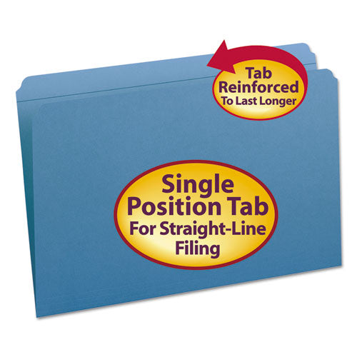 Smead Reinforced Top Tab Colored File Folders, Straight Tabs, Legal Size, 0.75" Expansion, Blue, 100/Box