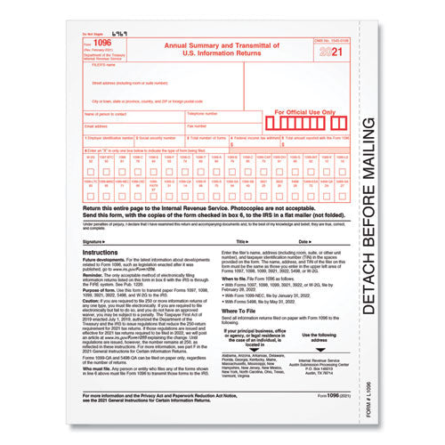 TOPS 1096 Summary Transmittal Tax Forms, 8 x 11, 1/Page,10 Forms/Pack