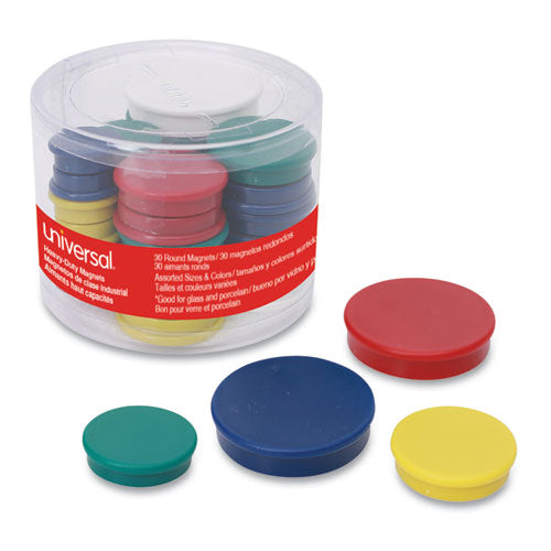 Universal High-Intensity Assorted Magnets, 3/4", 1 1/4" and 1 1/2" dia, Assorted Colors, 30/Pack