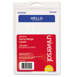 Universal Hello Self-Adhesive Name Badges, 3 1/2 x 2 1/4, White/Blue, 100/Pack