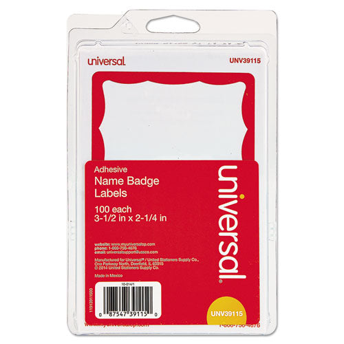 Universal Border-Style Self-Adhesive Name Badges, 3 1/2 x 2 1/4, White/Red, 100/Pack