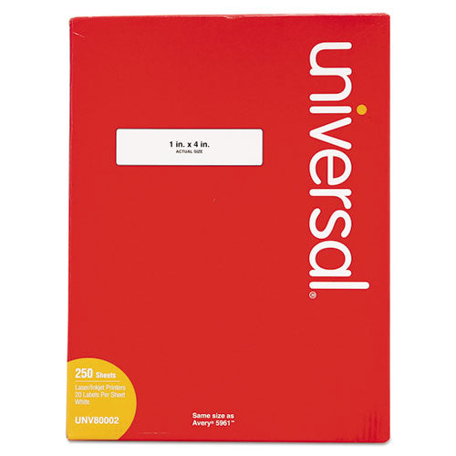 Universal White Labels, Inkjet/Laser Printers, 1 x 4, White, 20/Sheet, 250 Sheets/Box
