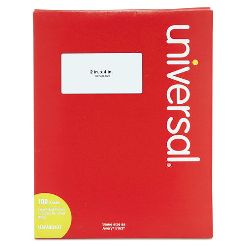 Universal White Labels, Inkjet/Laser Printers, 2 x 4, White, 10/Sheet, 100 Sheets/Box
