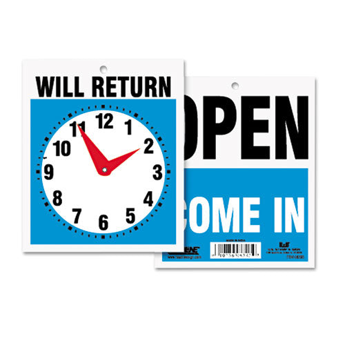Headline Sign Double-Sided Open/Will Return Sign w/Clock Hands, Plastic, 7 1/2 x 9