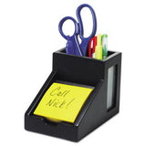 Victor Midnight Black Collection Pencil Cup with Note Holder, 2 Compartments, MDF/Frosted Glass/Faux Leather, 4 x 6.3  x 4.5, Wood