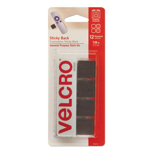 VELCRO Brand Sticky-Back Fasteners, Removable Adhesive, 0.88" x 0.88", Black, 12/Pack