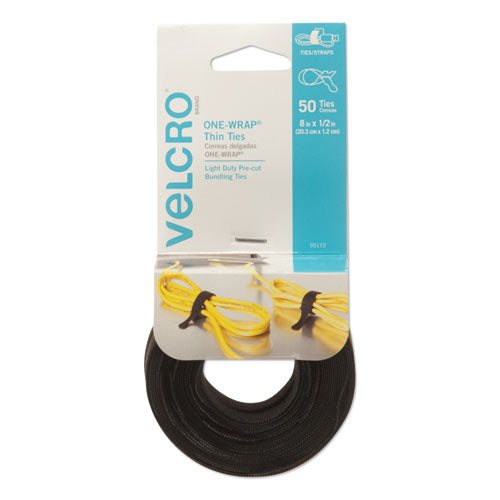 VELCRO Brand ONE-WRAP Pre-Cut Thin Ties, 0.5" x 8", Black, 50/Pack