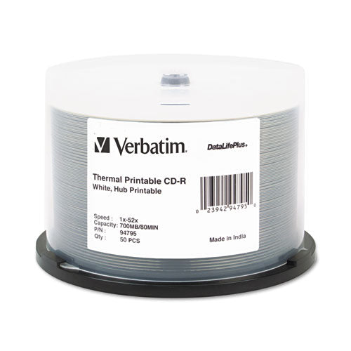 Verbatim CD-R DataLifePlus Printable Recordable Disc, 700 MB/80 min, 52x, Spindle, White, 50/Pack