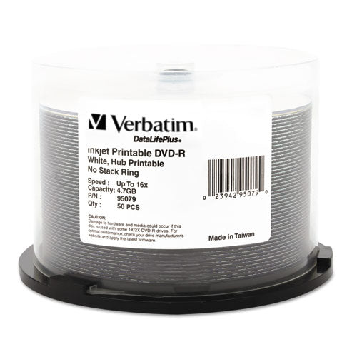 Verbatim DVD-R DataLife Plus Printable Recordable Disc, 4.7 GB,16x, Spindle, White, 50/Pack
