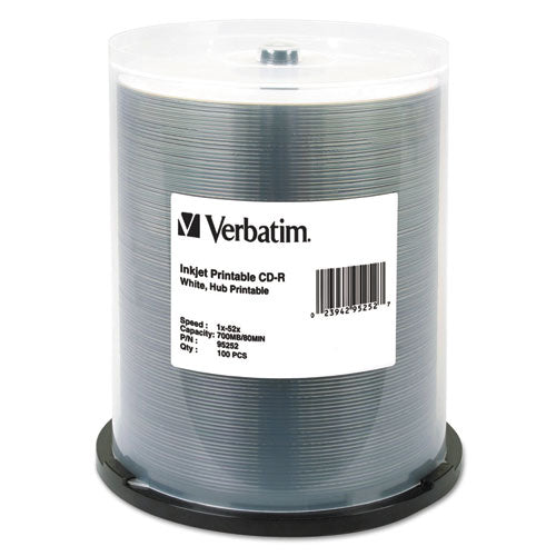 Verbatim CD-R Printable Recordable Disc, 700 MB, 52x, Spindle, White, 100/Pack