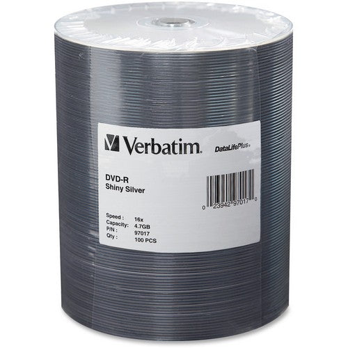 Verbatim DVD-R 4.7GB 16X DataLifePlus Shiny Silver Silk Screen Printable - 100pk Tape Wrap - 97017