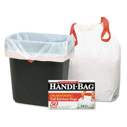 Handi-Bag Drawstring Kitchen Bags, 13 gal, 0.6 mil, 24" x 27.38", White, 50/Box