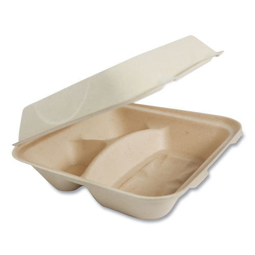 World Centric Fiber Hinged Containers, 3-Compartments, 9 x 9 x 3, Natural, 300/Carton