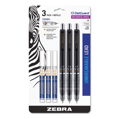 Zebra Delguard Mechanical Pencil, 0.5 mm, HB (#2.5), Black Lead, Black Barrel, 3/Pack