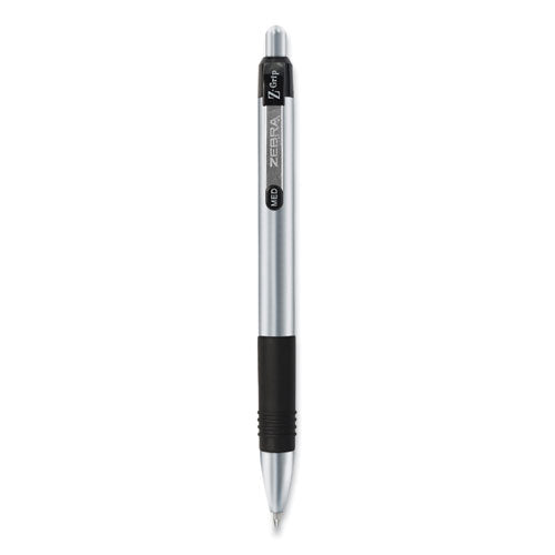 Zebra Z-Grip Metal Ballpoint Pen, Retractable, Medium 1 mm, Black Ink, Silver Barrel, 12/Pack